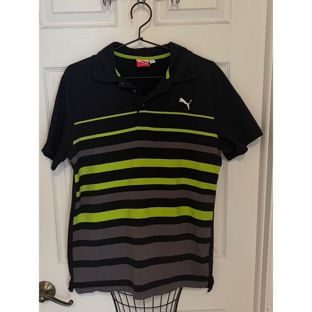 Puma SportLifestyle Men's Large Black Neon Green Striped Polo Shirt